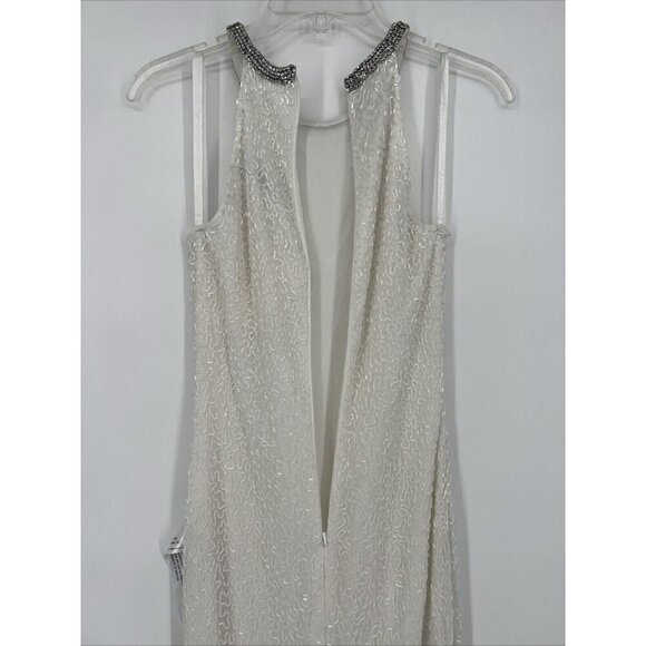 Mac Duggal Womens 4 White Beaded Sleeveless Halter Formal Long Gown Dress Flaws - Picture 11 of 16